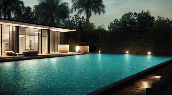 Jardín con piscina iluminada