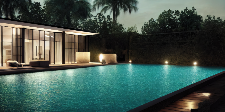 Jardín con piscina iluminada